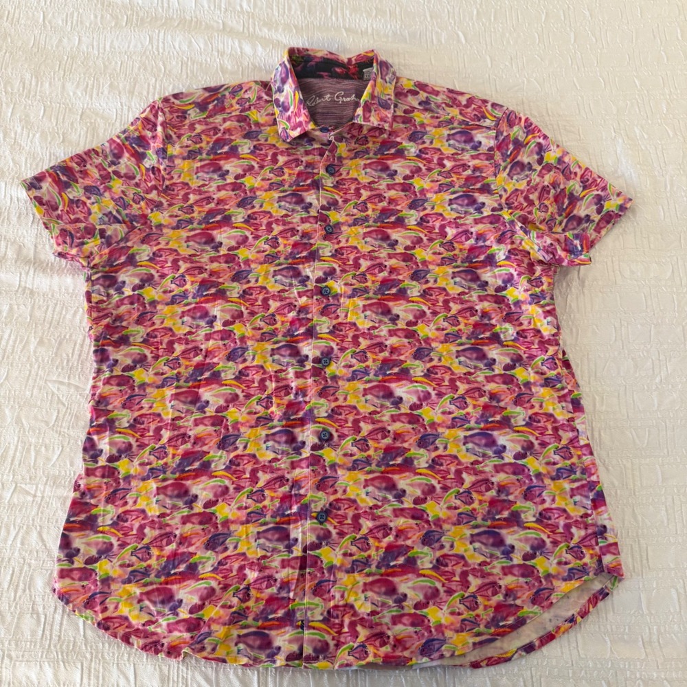 Robert Graham Mens XL Classic Fit Pink Purple Watercolor Fish Print SS Shirt